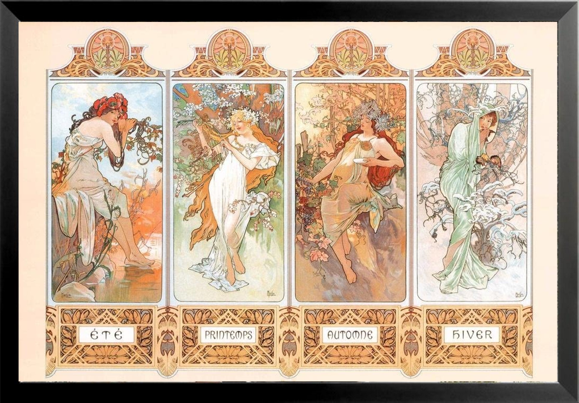 FRAMED 4 (Four) Seasons by Alphonse Mucha 36x24 Art Nouveau Art